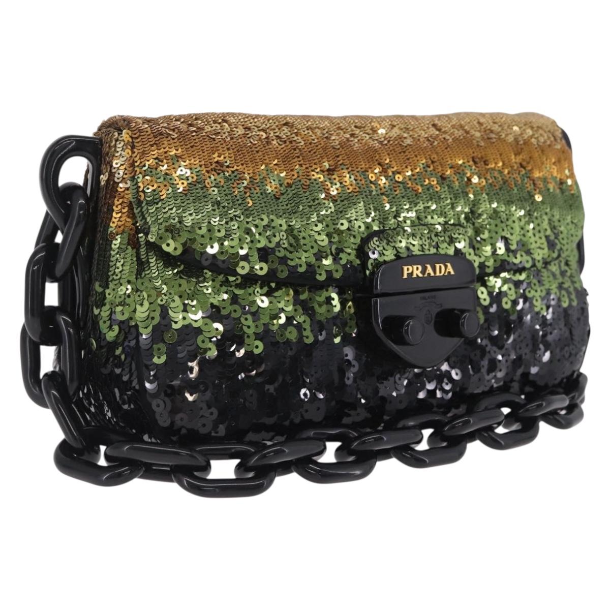 PRADA Chain Shoulder Bag Satin Sequins Yellow Black Auth gh2435V