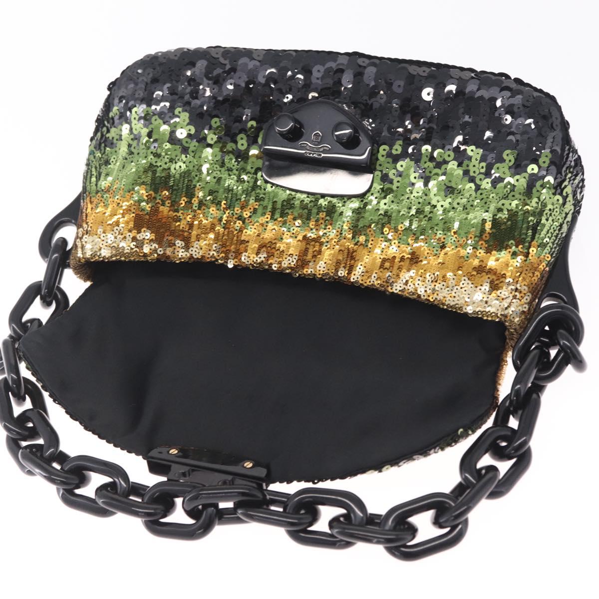 PRADA Chain Shoulder Bag Satin Sequins Yellow Black Auth gh2435V
