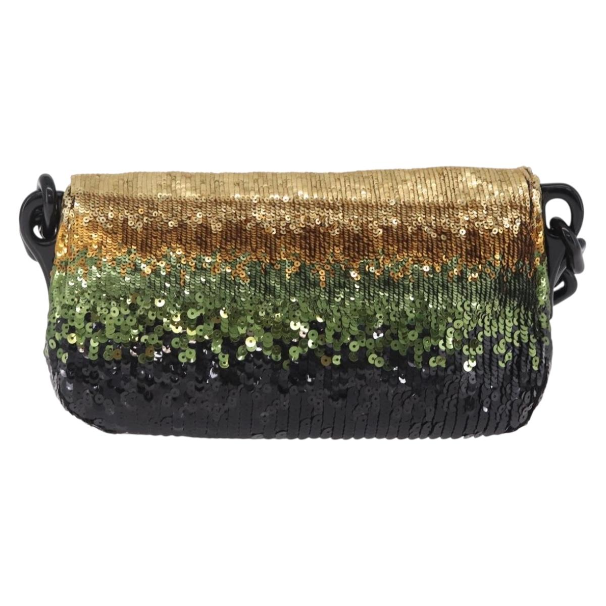 PRADA Chain Shoulder Bag Satin Sequins Yellow Black Auth gh2435V