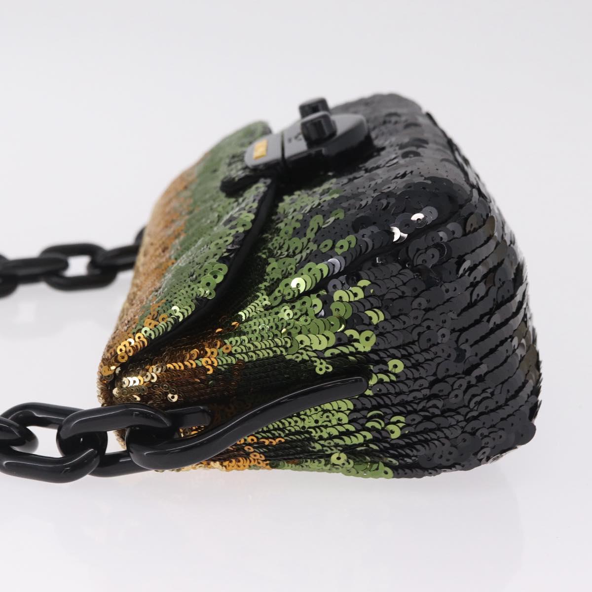 PRADA Chain Shoulder Bag Satin Sequins Yellow Black Auth gh2435V