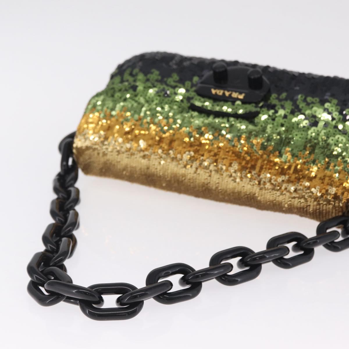 PRADA Chain Shoulder Bag Satin Sequins Yellow Black Auth gh2435V