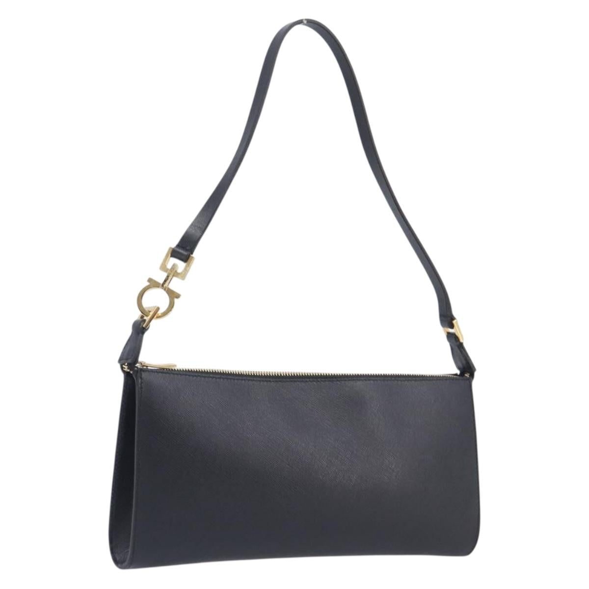 Salvatore Ferragamo Gancini Hand Bag Leather Black Gold Auth gh2454