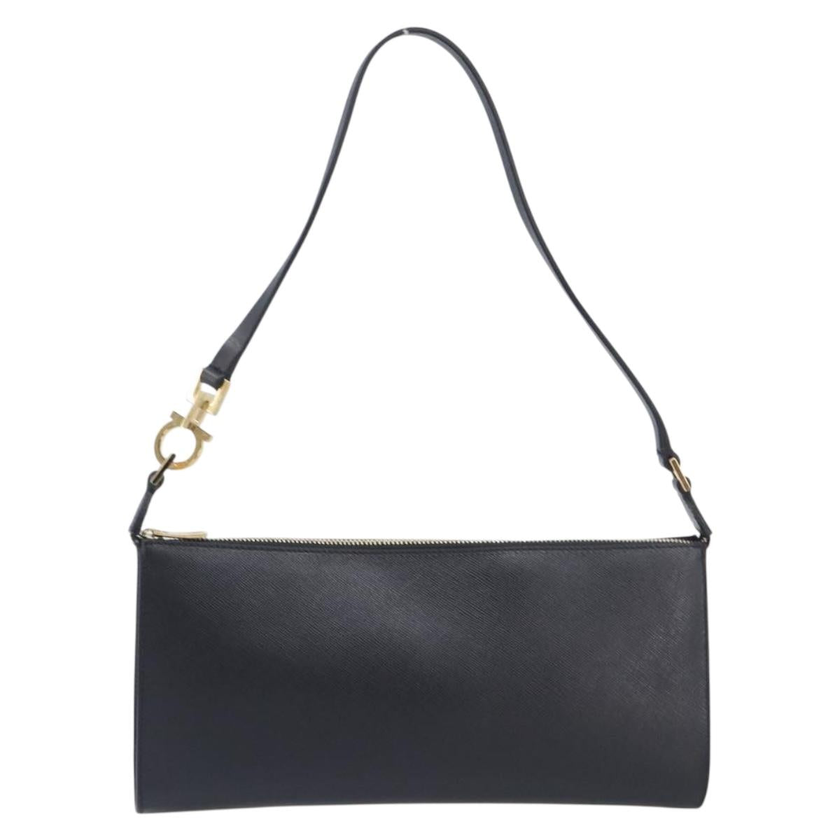 Salvatore Ferragamo Gancini Hand Bag Leather Black Gold Auth gh2454