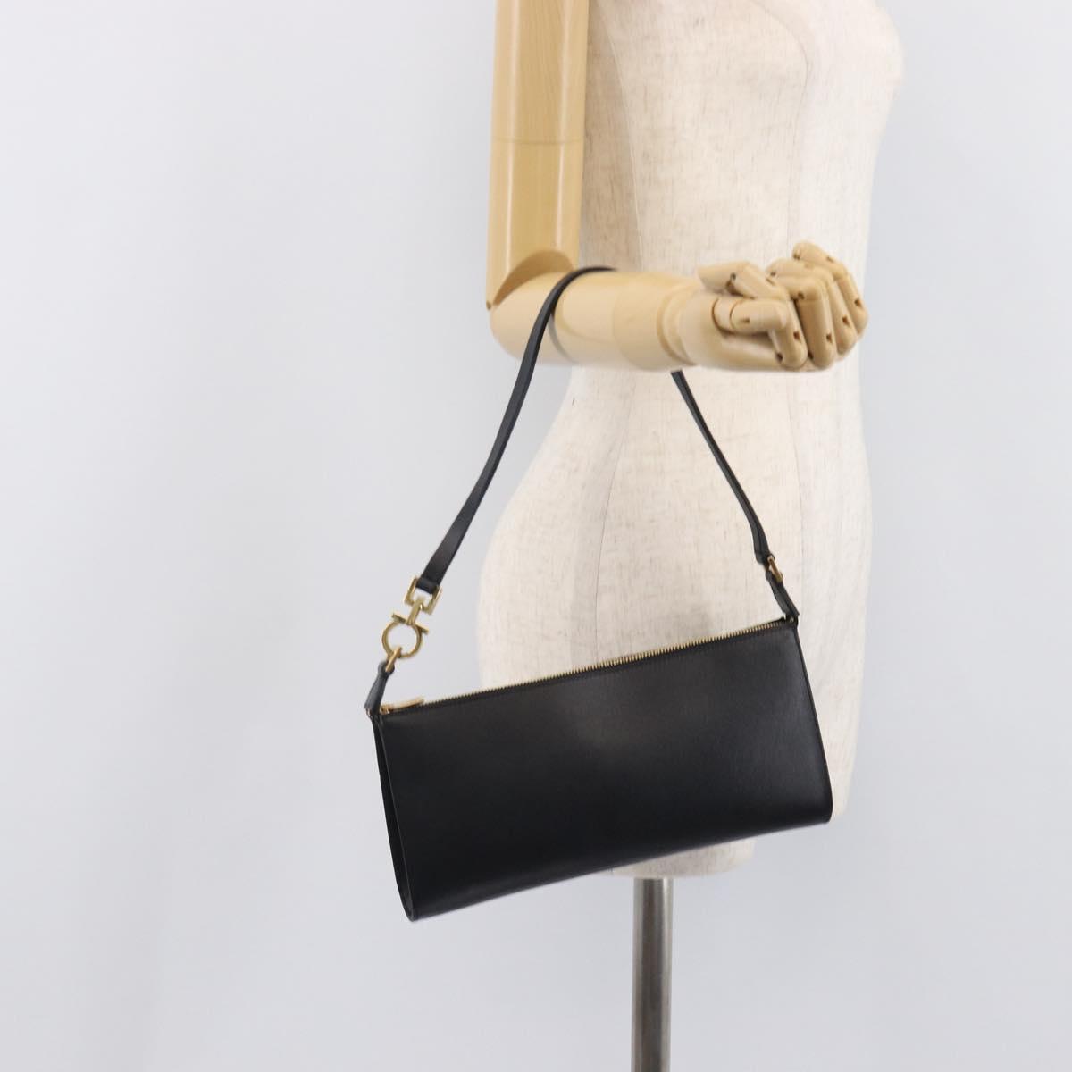 Salvatore Ferragamo Gancini Hand Bag Leather Black Gold Auth gh2454