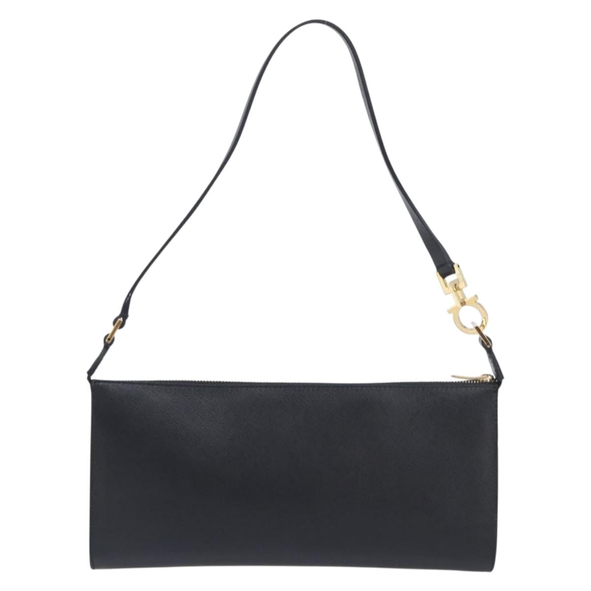 Salvatore Ferragamo Gancini Hand Bag Leather Black Gold Auth gh2454