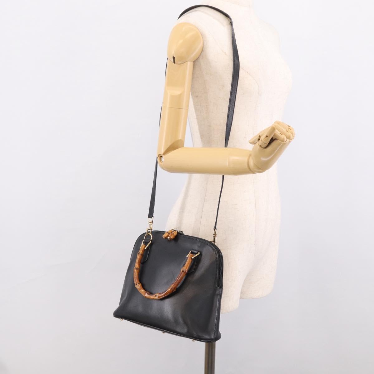 GUCCI Bamboo Hand Bag Leather 2way Black Gold 000 2122 0290 Auth gh2458