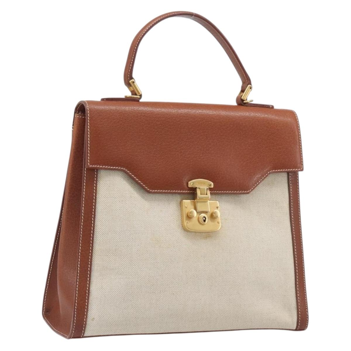 GUCCI Hand Bag Leather Canvas Beige Gold 000 256 0192 Auth gh2466