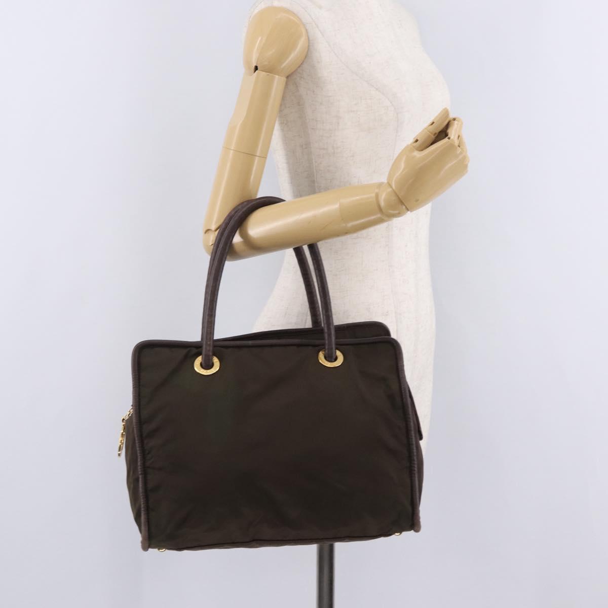 CELINE Hand Bag Nylon Brown Gold Auth gh2468
