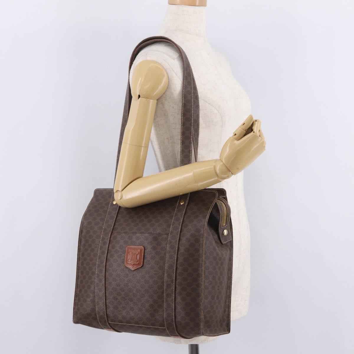 CELINE Macadam Canvas Tote Bag PVC Leather Brown Gold Auth gh2470