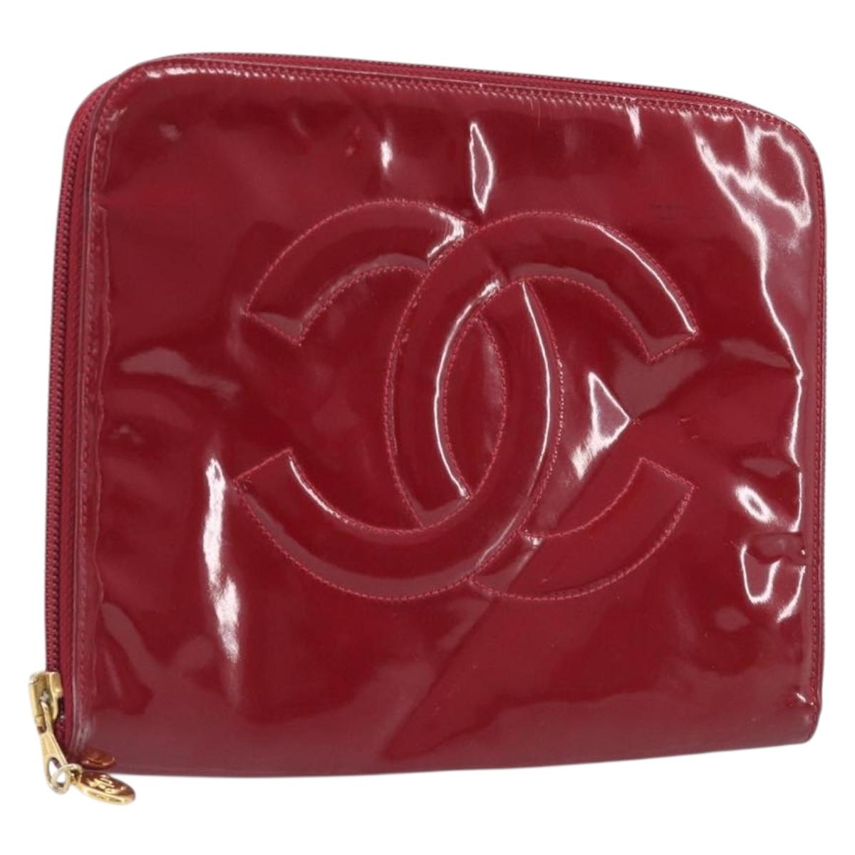 CHANEL Clutch Bag Patent leather Red Gold CC Auth gh2475