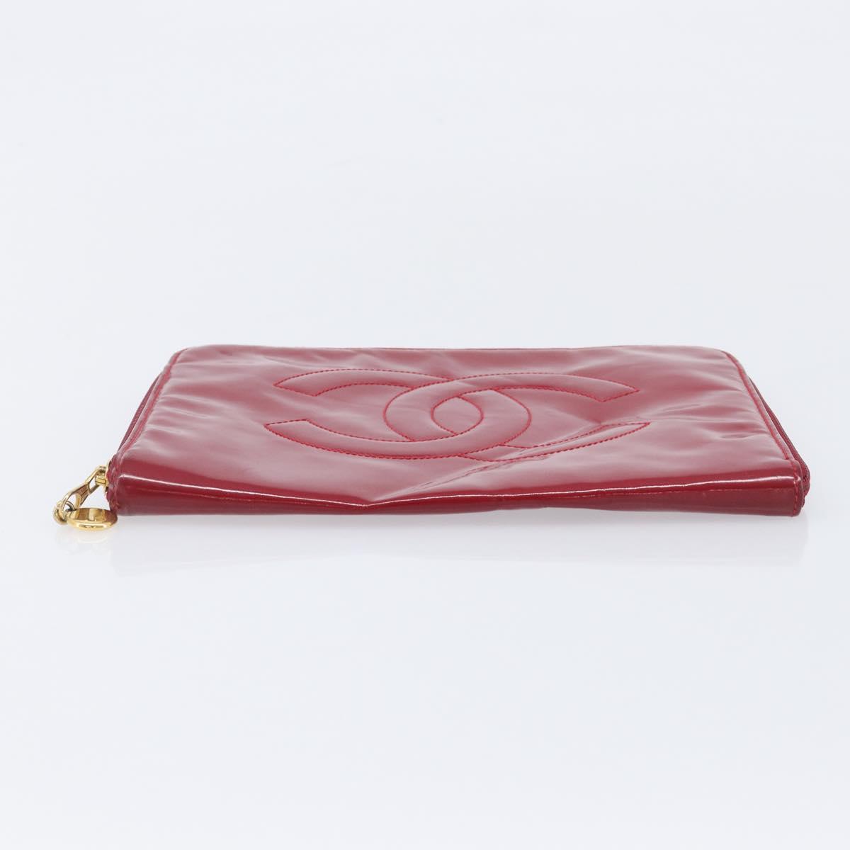CHANEL Clutch Bag Patent leather Red Gold CC Auth gh2475