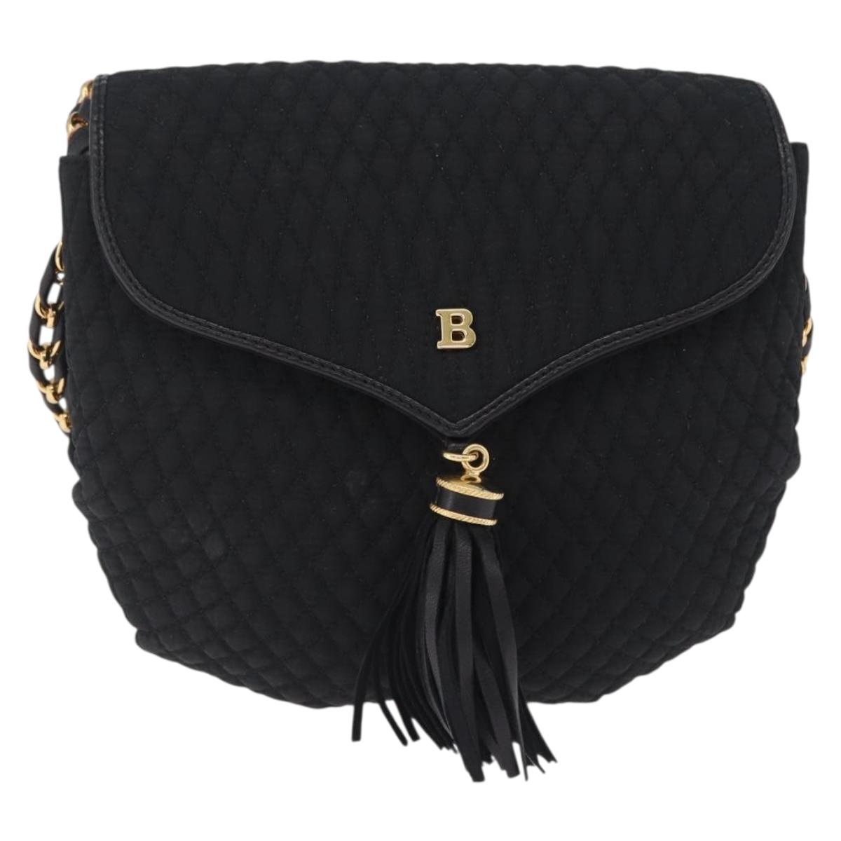Bally Chain Shoulder Bag Canvas Black Gold Auth gh2482