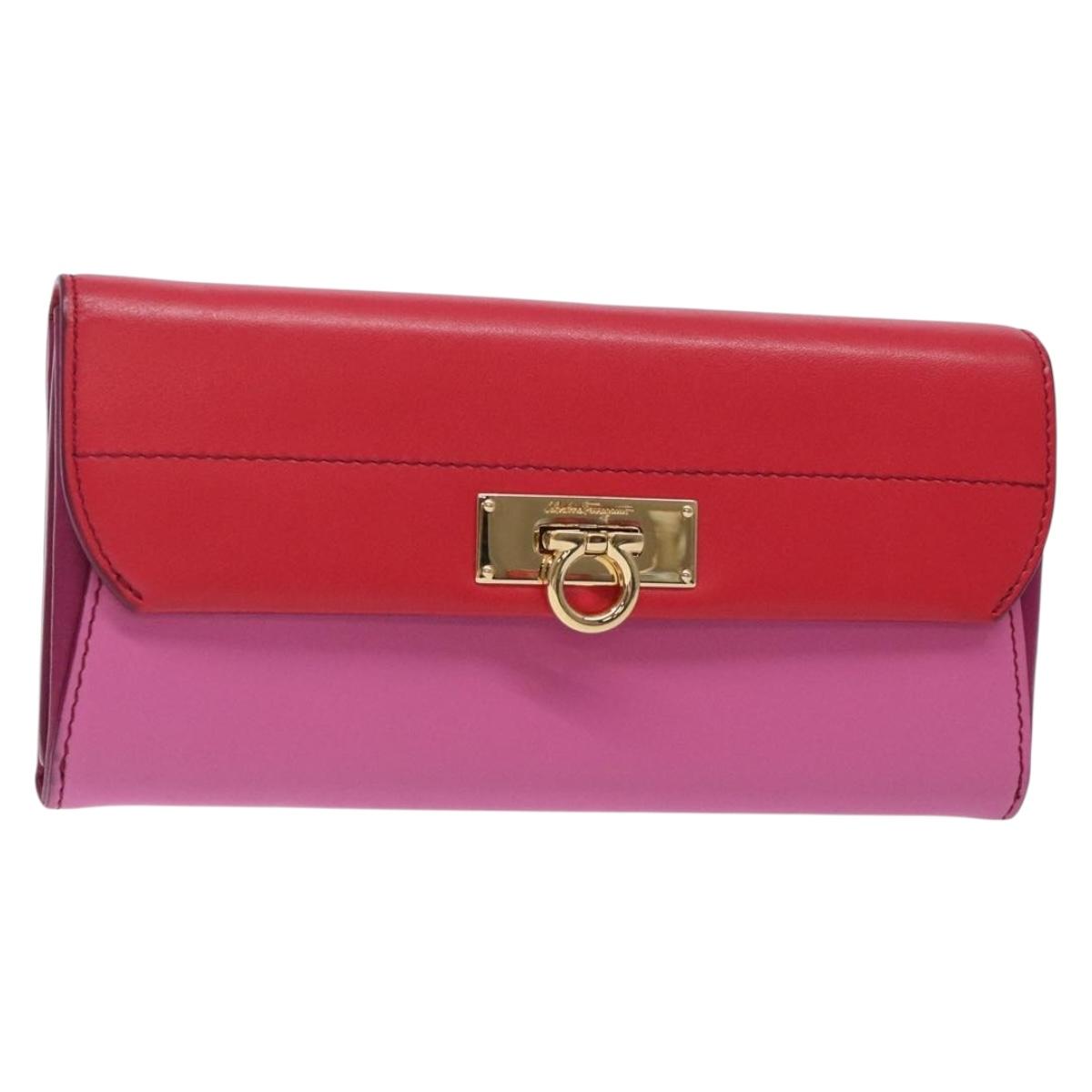 Salvatore Ferragamo Gancini Wallet Leather Pink Gold Auth gh253