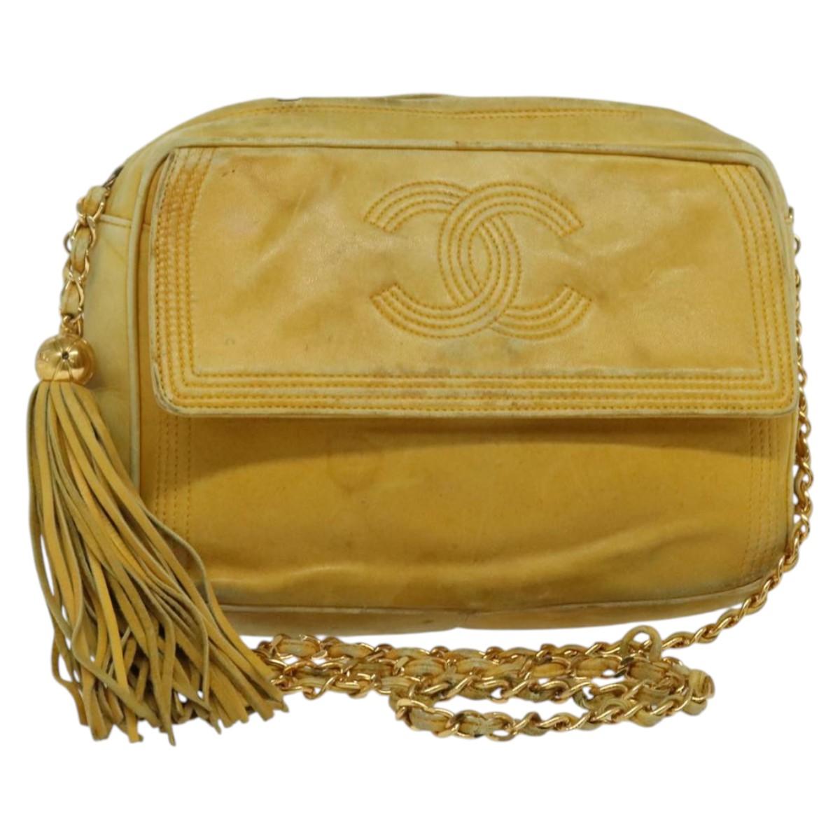 CHANEL Chain Shoulder Bag Lamb Skin Yellow Gold CC Auth gh258