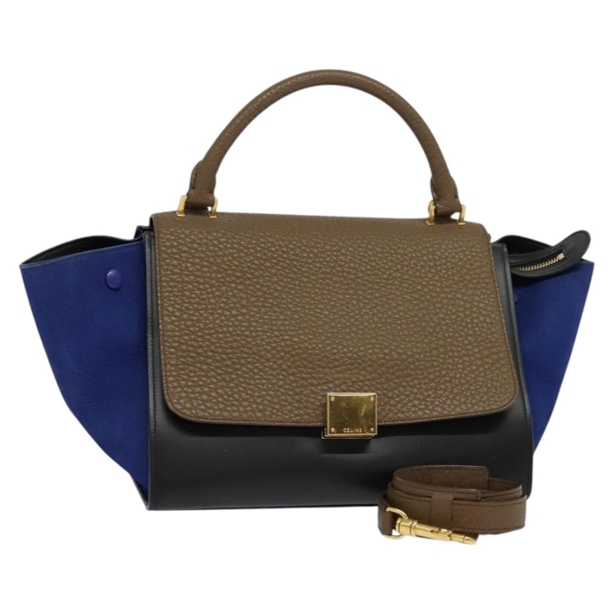 CELINE Trapeze Hand Bag Leather 2way Beige Gold blue Auth gh271