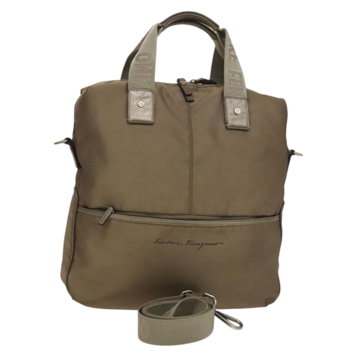 Salvatore Ferragamo Tote Bag Nylon 2way Beige Silver Auth gh287