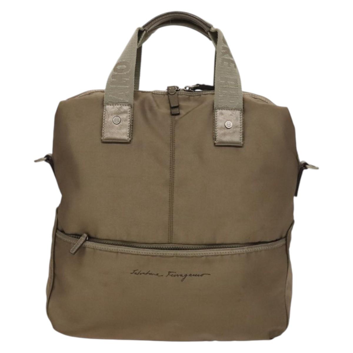 Salvatore Ferragamo Tote Bag Nylon 2way Beige Silver Auth gh287