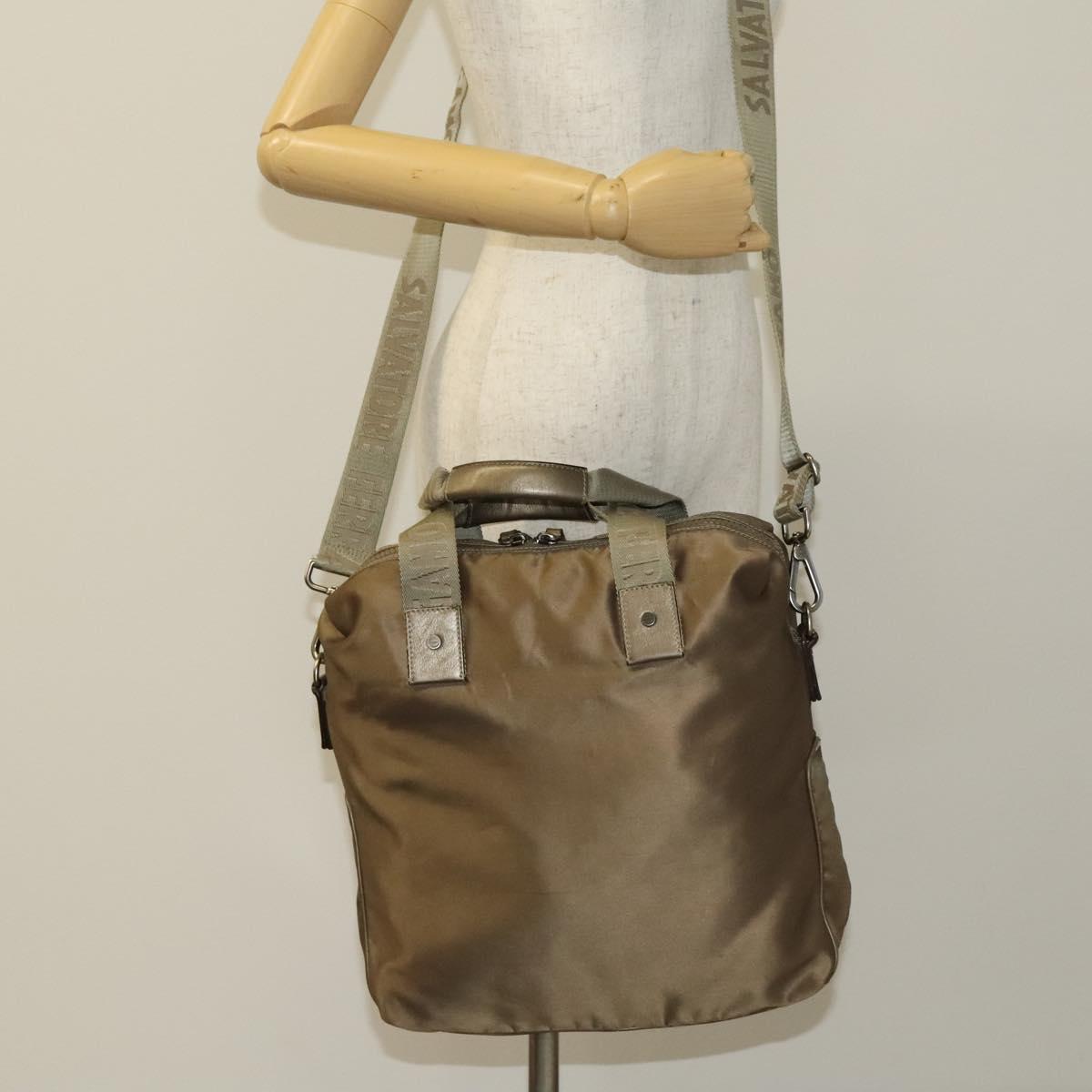 Salvatore Ferragamo Tote Bag Nylon 2way Beige Silver Auth gh287