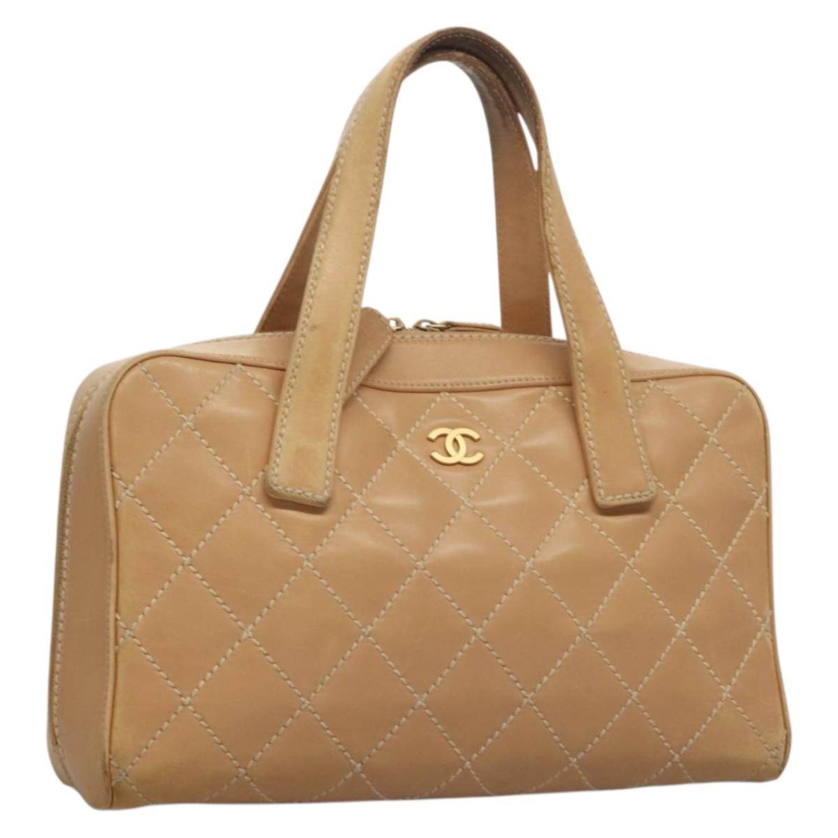 CHANEL Wild Stitch Hand Bag Leather Beige Gold CC Auth gh289