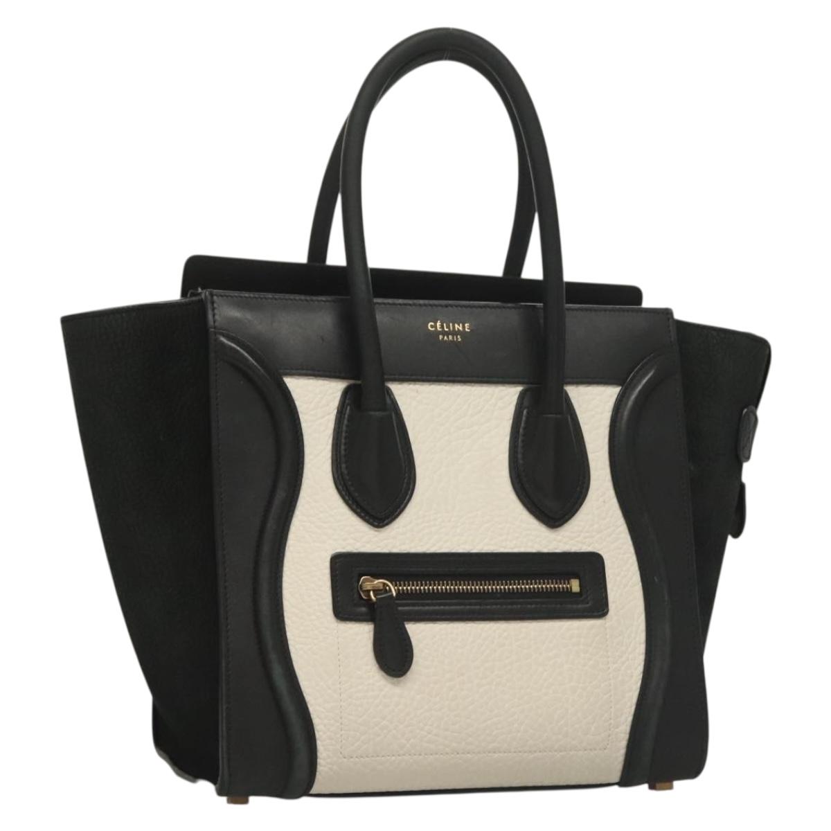 CELINE Luggage Micro Shopper Hand Bag Leather Black White Auth gh304
