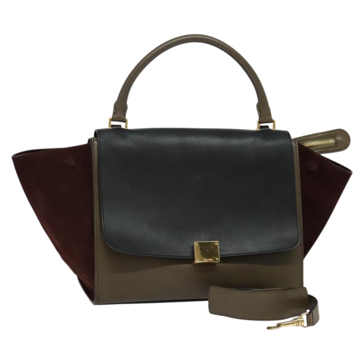 CELINE Trapeze Hand Bag Leather 2way Brown Gold Auth gh305