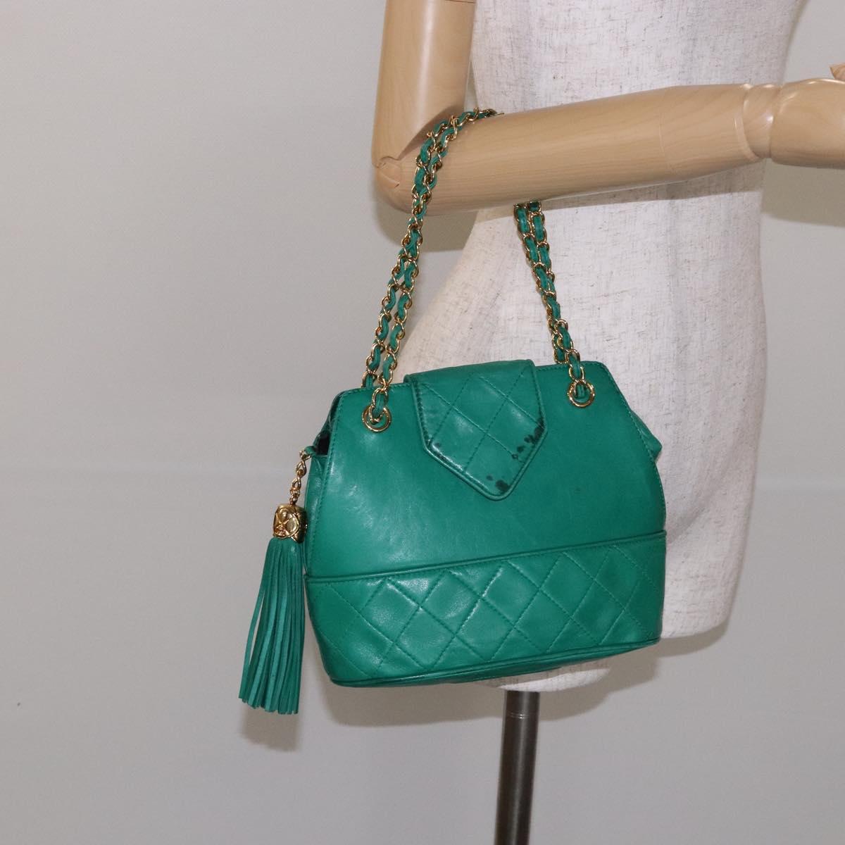 CHANEL Chain Hand Bag Lamb Skin Green Gold CC Auth gh309