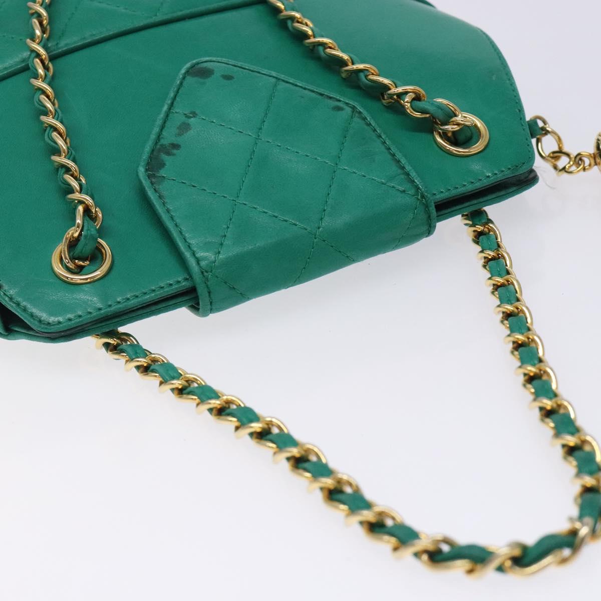CHANEL Chain Hand Bag Lamb Skin Green Gold CC Auth gh309
