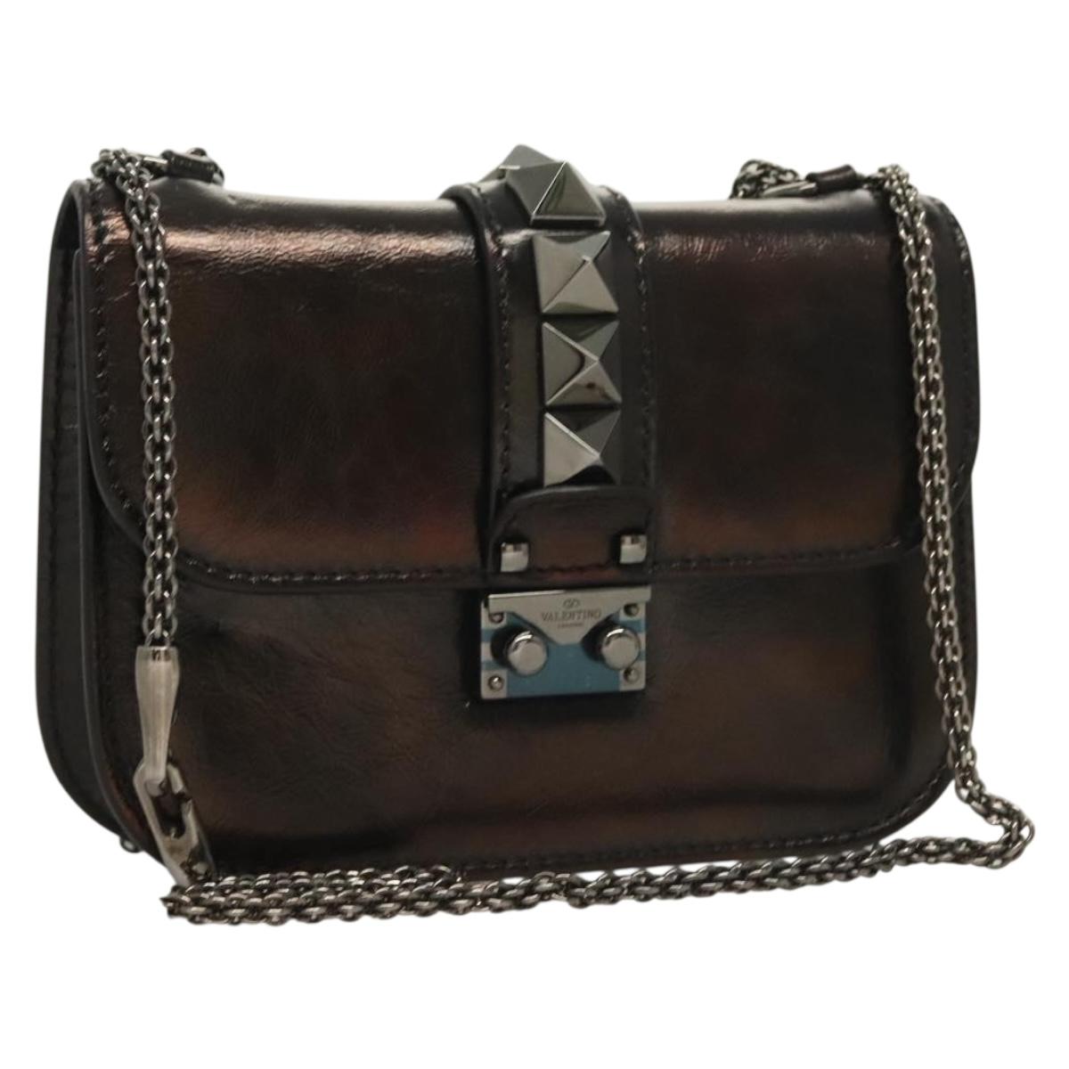 VALENTINO Chain Shoulder Bag Leather Brown Auth gh318