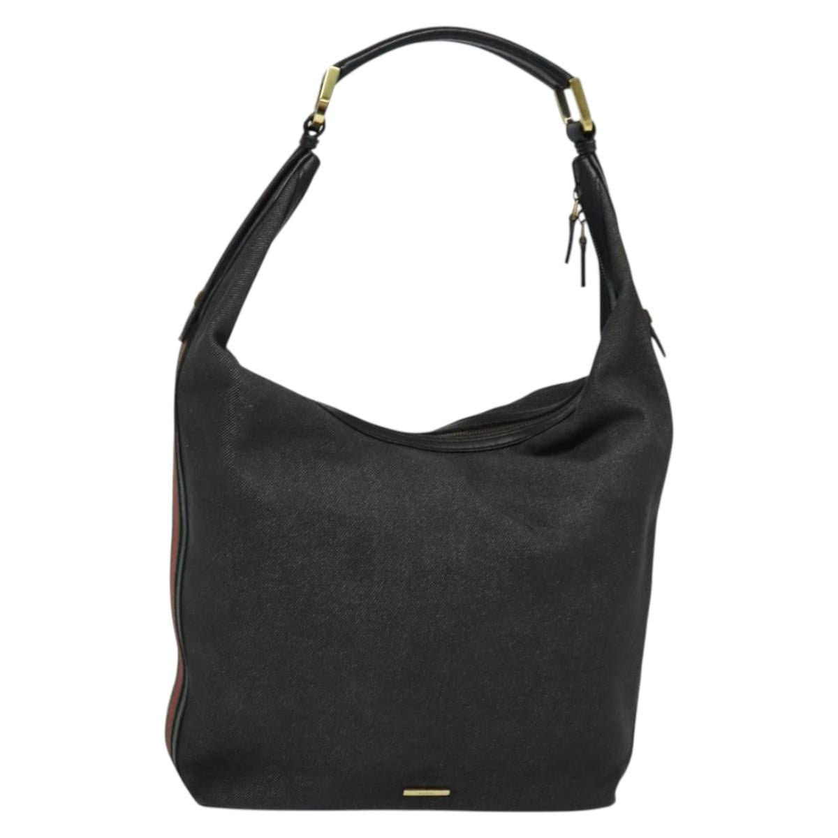 GUCCI Web Sherry Line Shoulder Bag Canvas Black Gold 73884 Auth gh324