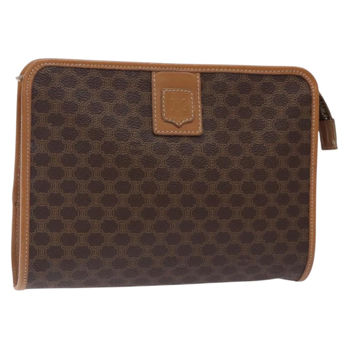 CELINE Macadam Canvas Clutch Bag PVC Leather Brown Gold Auth gh338