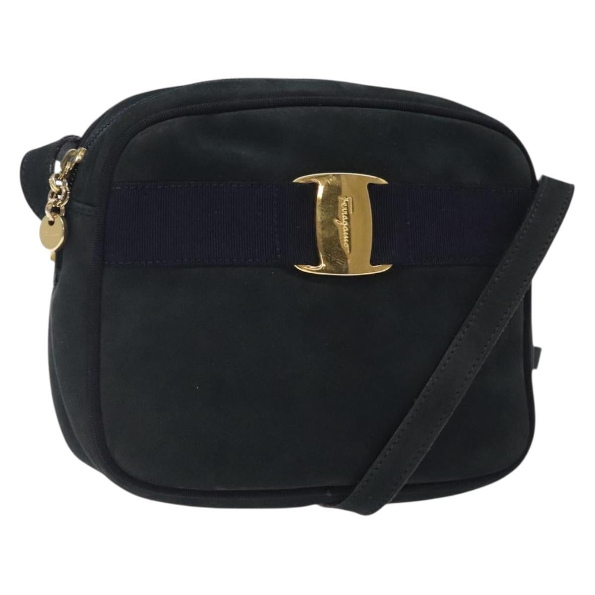 Salvatore Ferragamo Vala Shoulder Bag Suede Navy Gold Auth gh351
