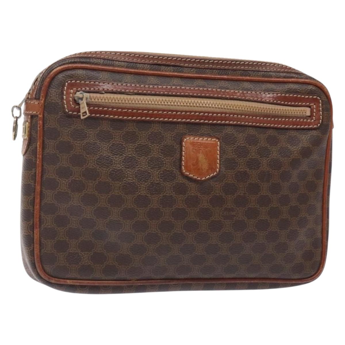 CELINE Macadam Canvas Clutch Bag PVC Leather Brown Gold Auth gh359