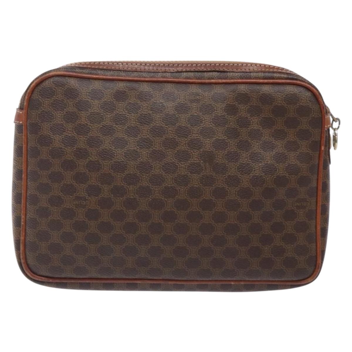 CELINE Macadam Canvas Clutch Bag PVC Leather Brown Gold Auth gh359