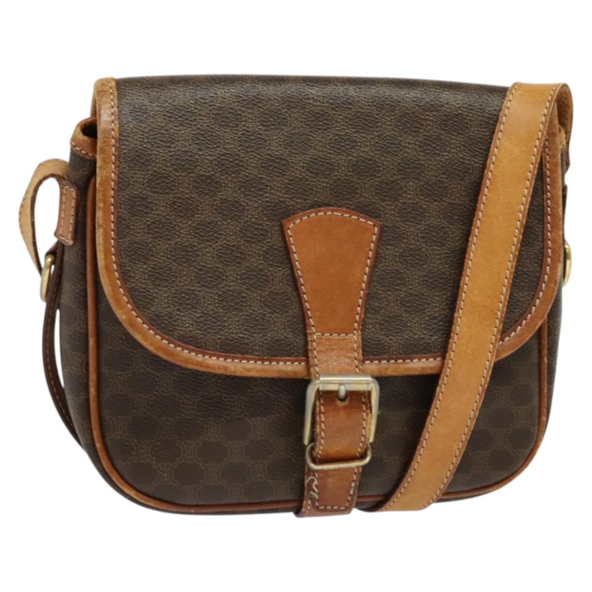 CELINE Macadam Canvas Shoulder Bag PVC Leather Brown Gold Auth gh361