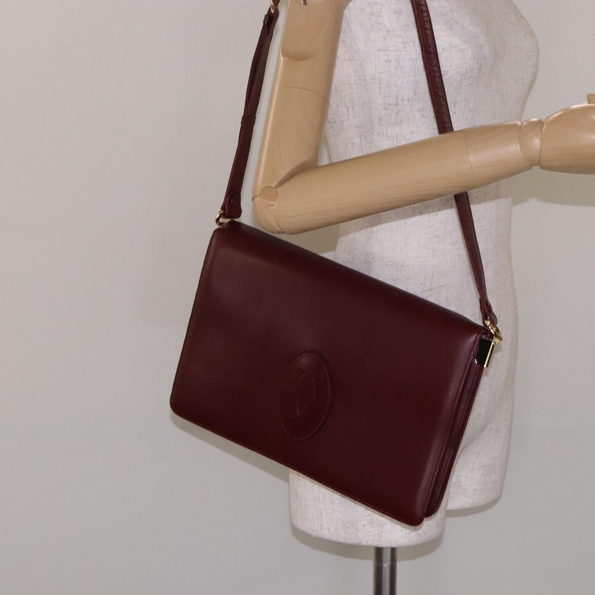 CARTIER Must Line Shoulder Bag Leather Bordeaux Gold Auth gh362
