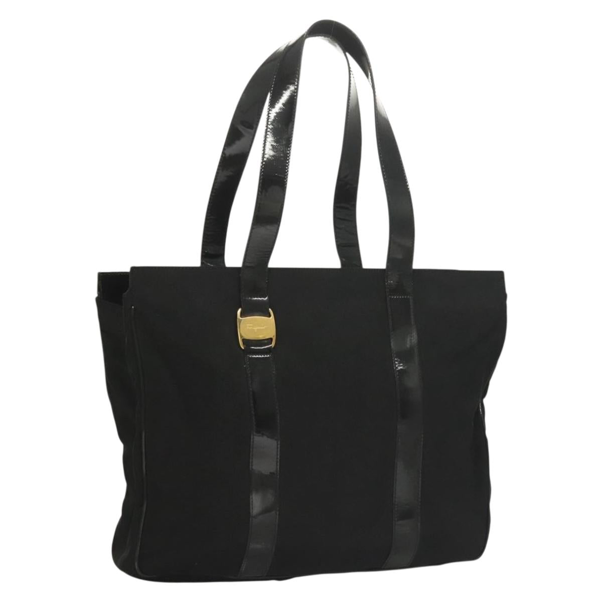 Salvatore Ferragamo Vala Tote Bag Nylon Black Gold Auth gh381