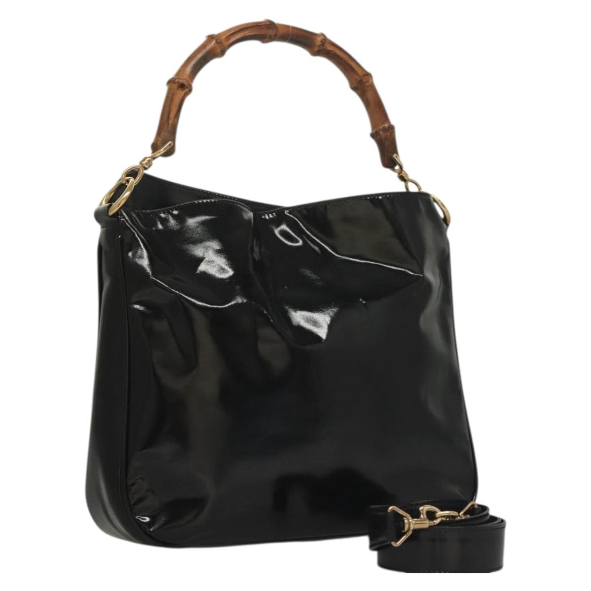 GUCCI Bamboo Hand Bag Enamel 2way Black Gold 001 1705 1638 Auth gh404