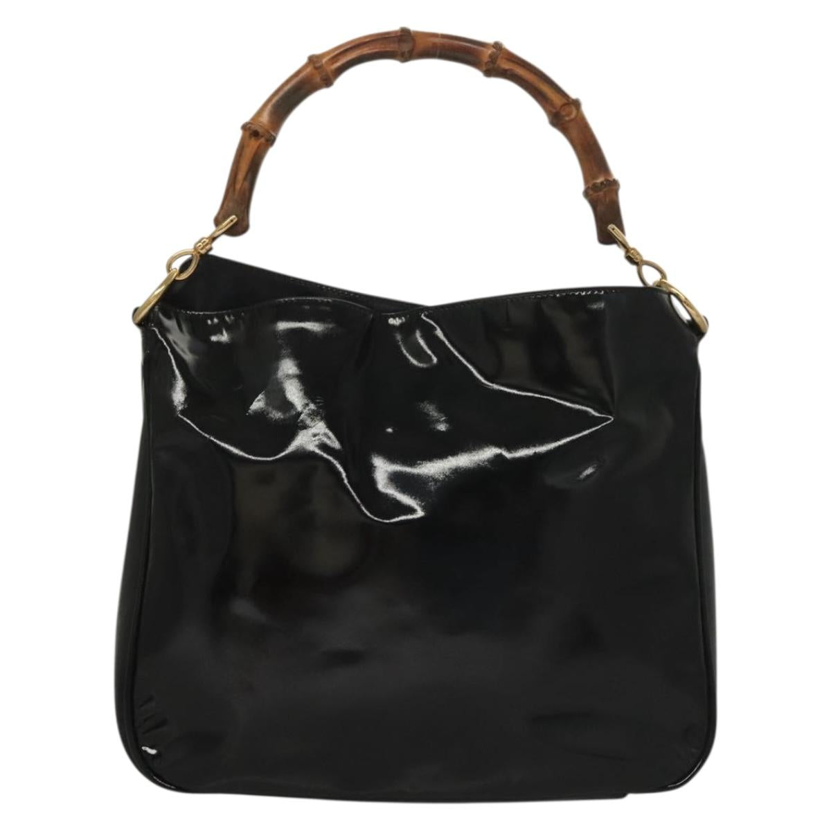 GUCCI Bamboo Hand Bag Enamel 2way Black Gold 001 1705 1638 Auth gh404