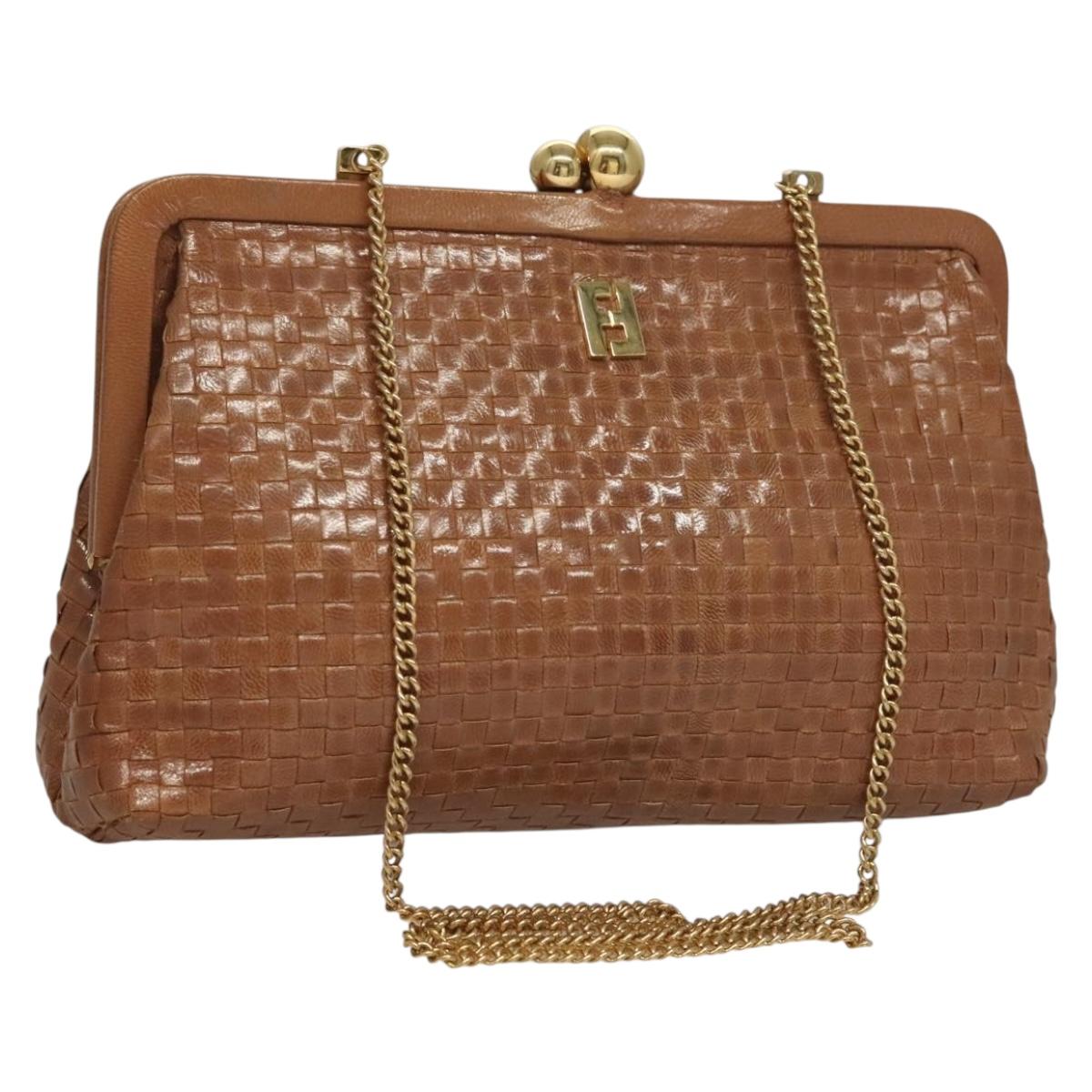 FENDI Chain Shoulder Bag Leather Beige Gold Auth gh432