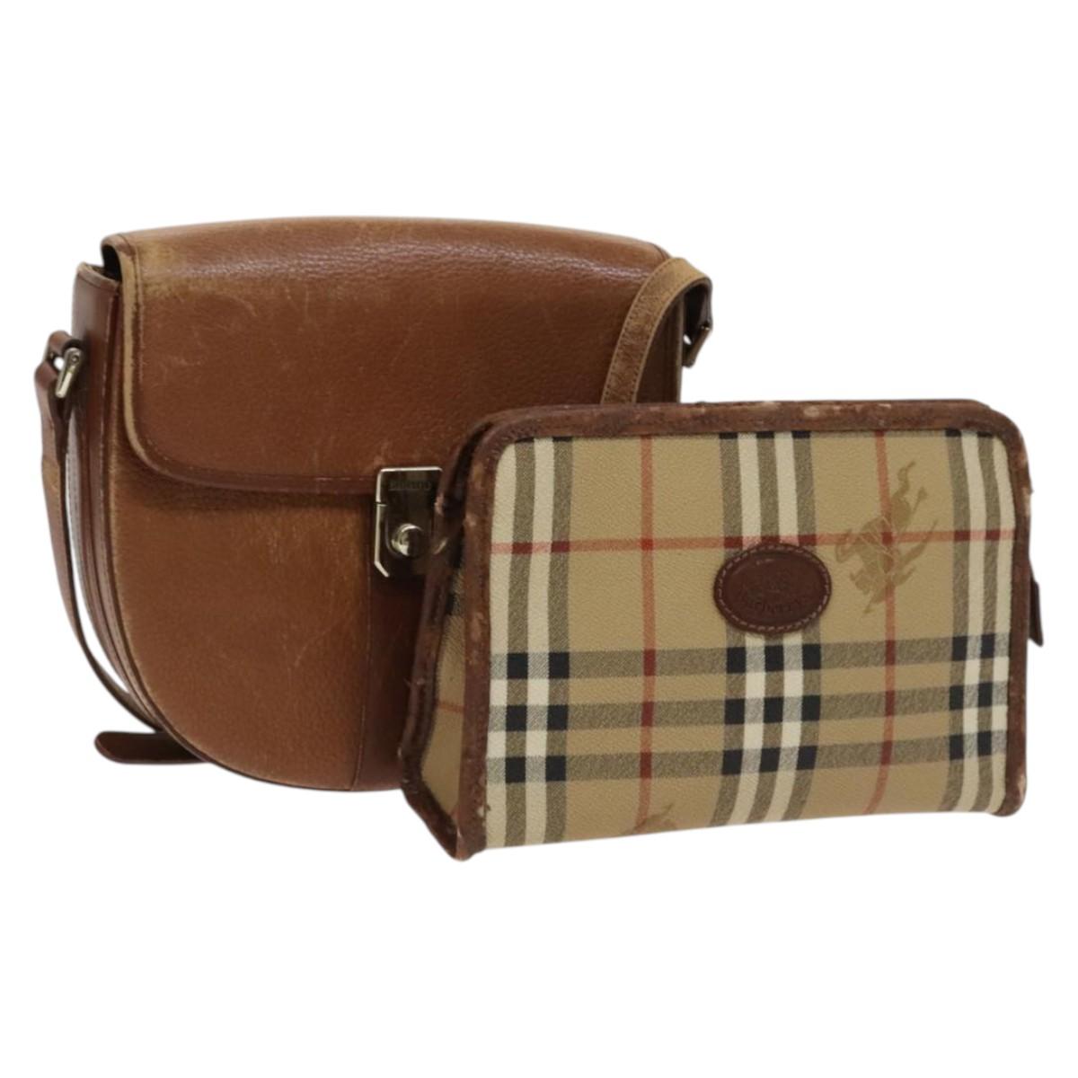 Burberrys Nova Check Shoulder Bag PVC Leather 2Set Beige Brown Auth gh436