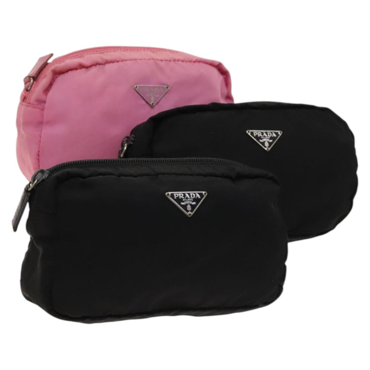 PRADA Pouch Nylon 3Set Black Pink Auth gh438