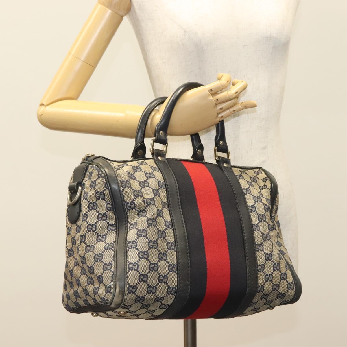 GUCCI GG Canvas Sherry Line Boston Bag Navy Red 247205 Auth gh440