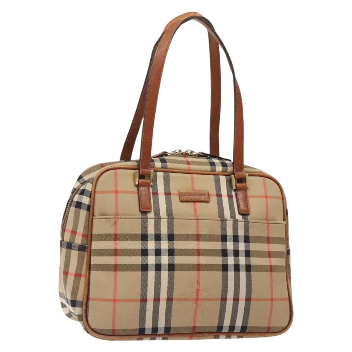 BURBERRY Nova Check Hand Bag Canvas Leather Beige Gold Auth gh446