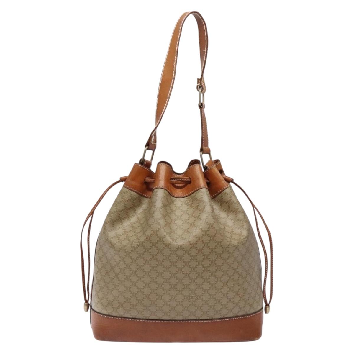 CELINE Macadam Canvas Shoulder Bag Beige Gold Auth gh481