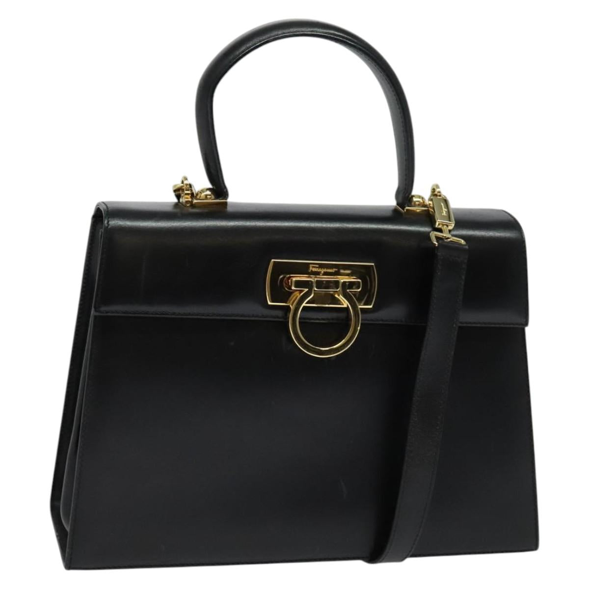 Salvatore Ferragamo Gancini Hand Bag Leather 2way Black Gold Auth gh504
