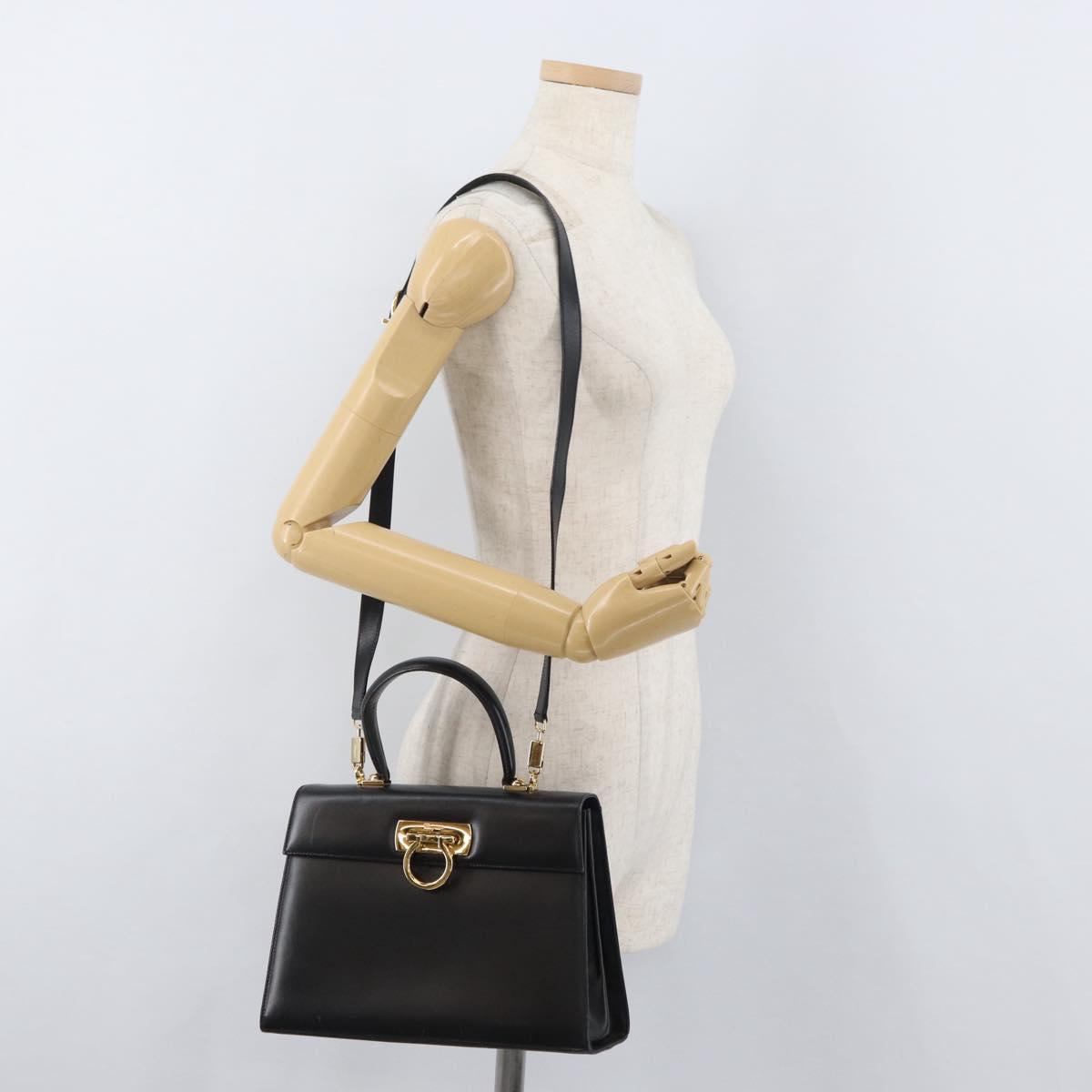 Salvatore Ferragamo Gancini Hand Bag Leather 2way Black Gold Auth gh504