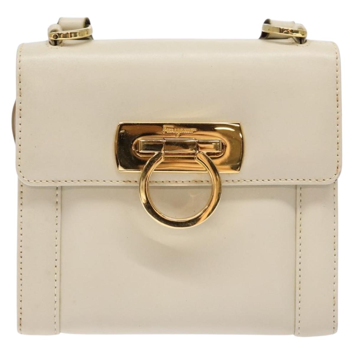 Salvatore Ferragamo Gancini Shoulder Bag Leather White Gold Auth gh505