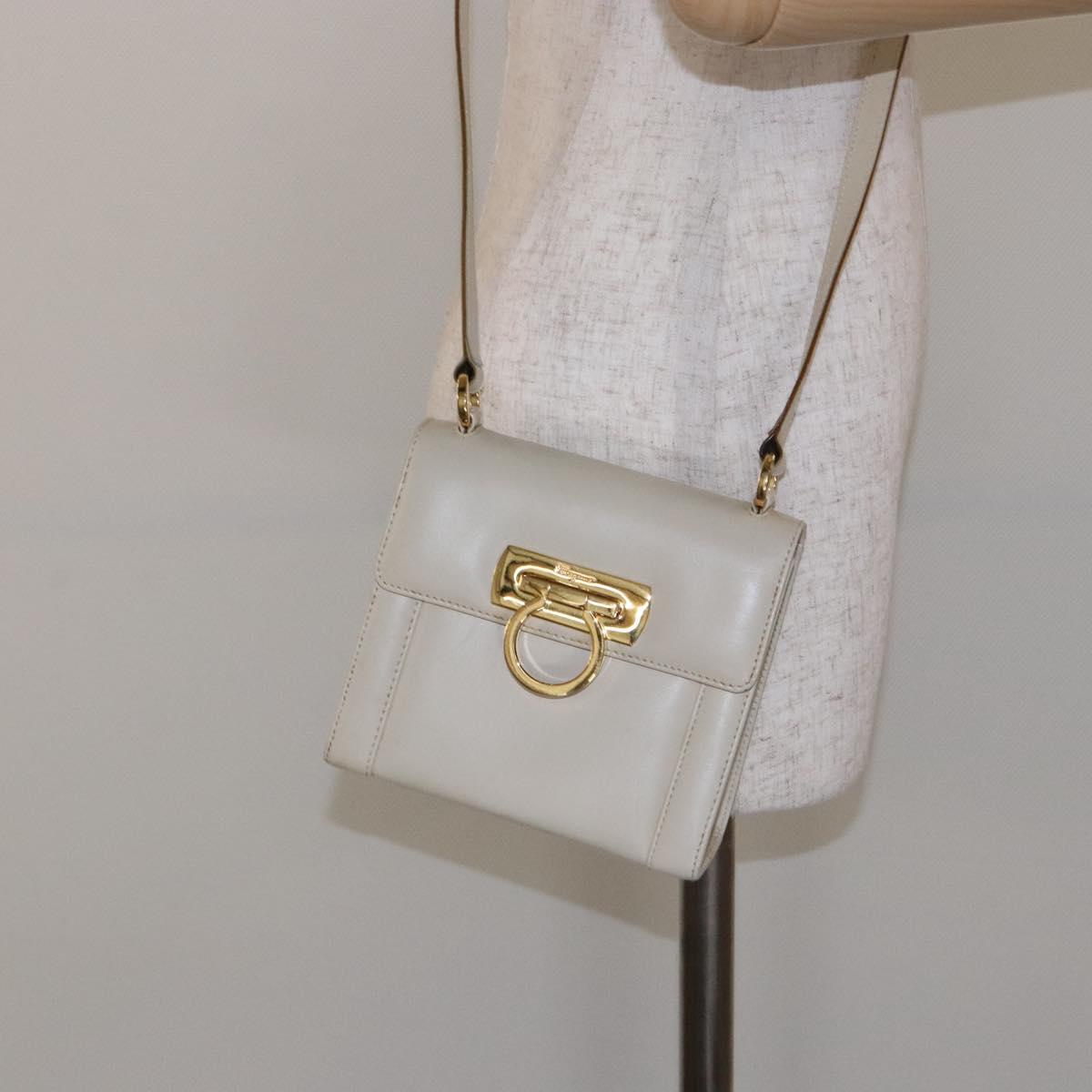 Salvatore Ferragamo Gancini Shoulder Bag Leather White Gold Auth gh505