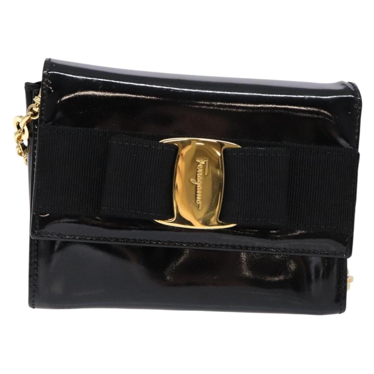 Salvatore Ferragamo Chain Shoulder Bag Enamel Black Gold Auth gh509