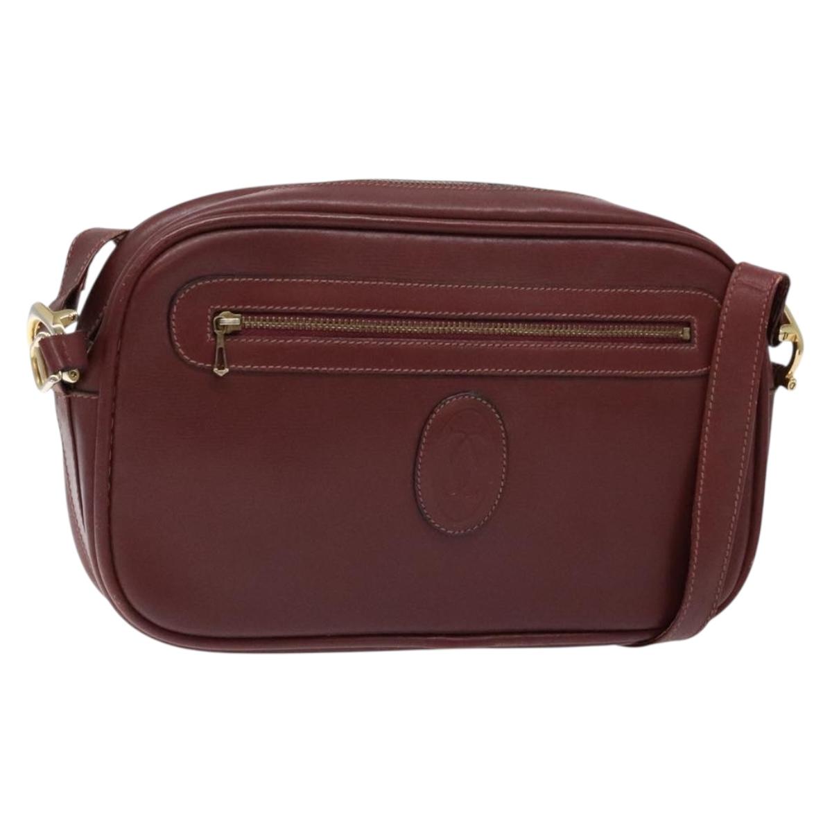 CARTIER Must Line Shoulder Bag Leather Bordeaux Gold Auth gh535